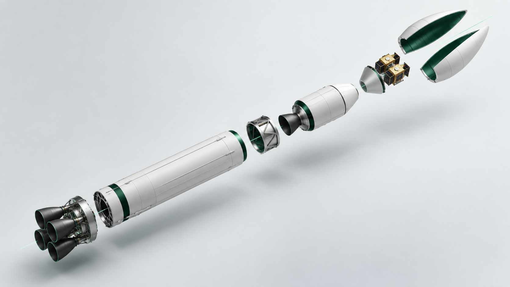 Conceptual exploded view of a launch vehicle and satellite payload section